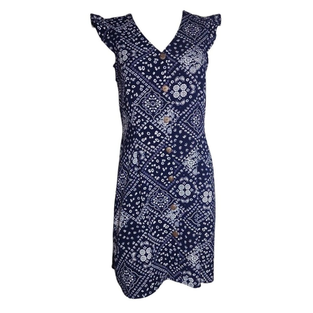 Monteau‎ Dress Womens Size L Large Blue White Floral Patchwork Button Front